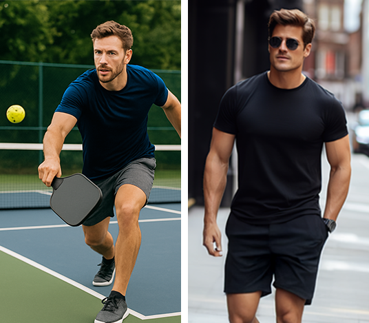 One guy playing pickelball wearing Nautilus Energy Tee and another guy walking in shorts and sunglasses wearing Nautilus Energy Tee